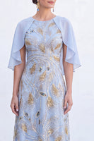 Load image into Gallery viewer, Sparkly Navy Golden Floral Boat Neck Long Mother of the Bride Dress with Cape