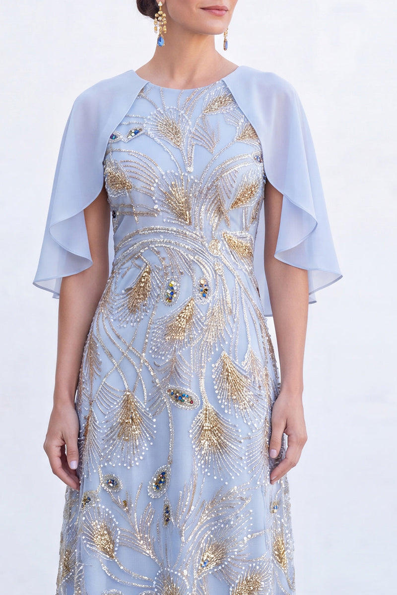 Load image into Gallery viewer, Sparkly Navy Golden Floral Boat Neck Long Mother of the Bride Dress with Cape