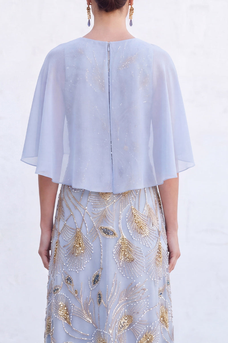 Load image into Gallery viewer, Sparkly Navy Golden Floral Boat Neck Long Mother of the Bride Dress with Cape