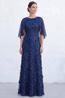 Load image into Gallery viewer, Sparkly Navy Golden Floral Boat Neck Long Mother of the Bride Dress with Cape