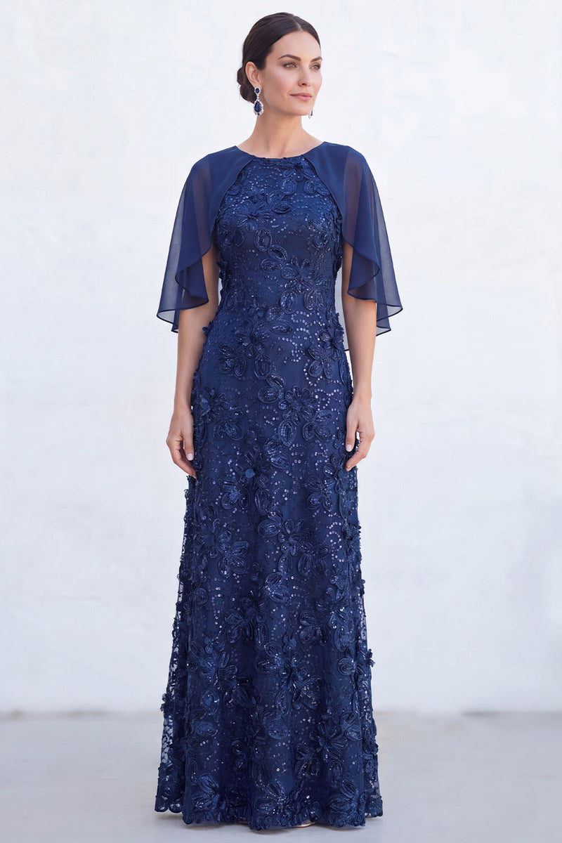Load image into Gallery viewer, Sparkly Navy Golden Floral Boat Neck Long Mother of the Bride Dress with Cape