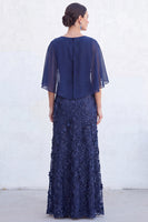 Load image into Gallery viewer, Sparkly Navy Golden Floral Boat Neck Long Mother of the Bride Dress with Cape