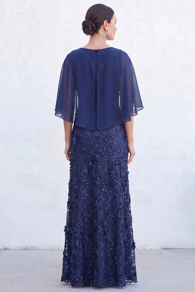 Load image into Gallery viewer, Sparkly Navy Golden Floral Boat Neck Long Mother of the Bride Dress with Cape
