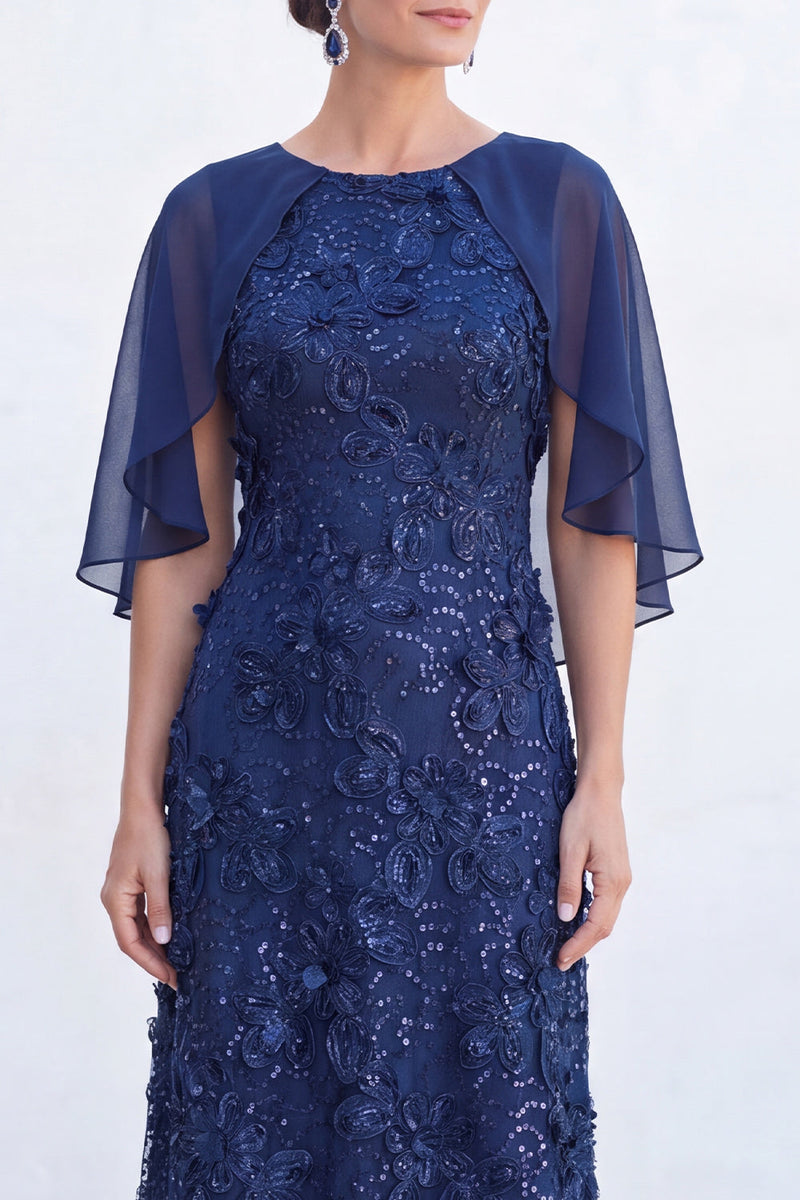 Load image into Gallery viewer, Sparkly Navy Golden Floral Boat Neck Long Mother of the Bride Dress with Cape
