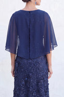 Load image into Gallery viewer, Sparkly Navy Golden Floral Boat Neck Long Mother of the Bride Dress with Cape