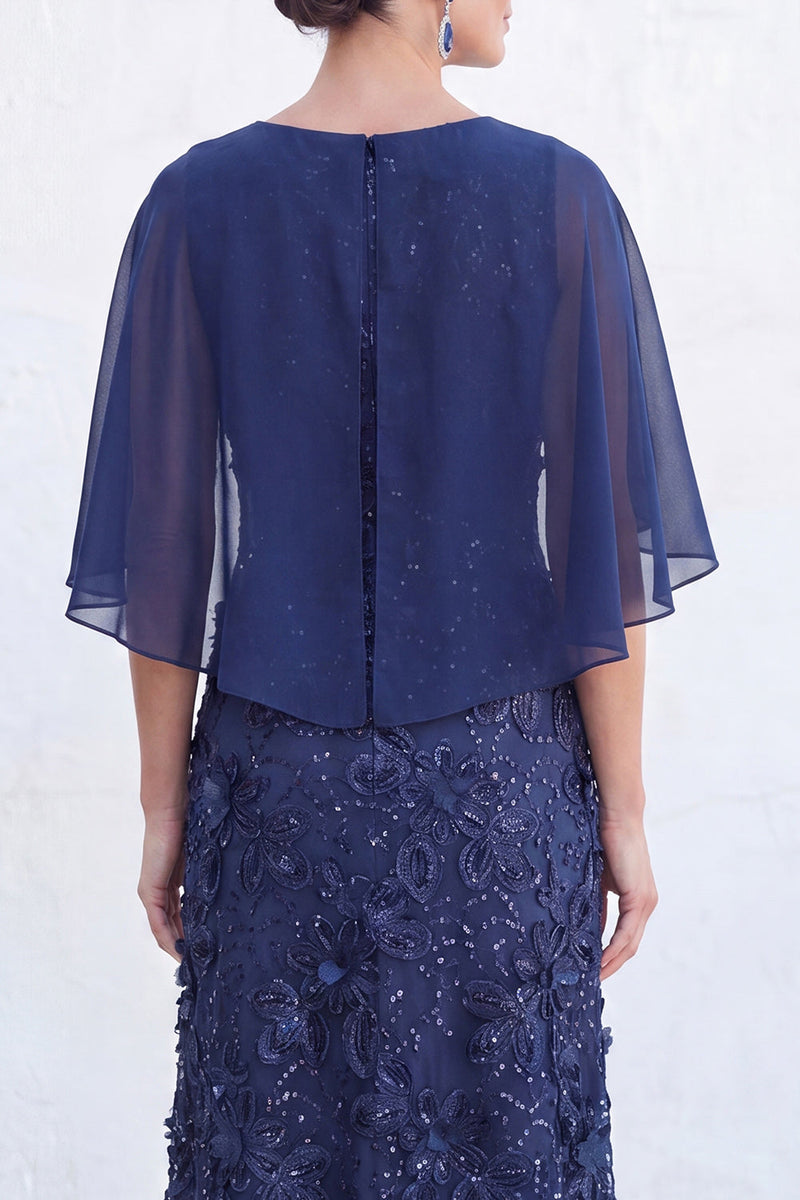 Load image into Gallery viewer, Sparkly Navy Golden Floral Boat Neck Long Mother of the Bride Dress with Cape