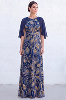 Load image into Gallery viewer, Sparkly Navy Golden Floral Boat Neck Long Mother of the Bride Dress with Cape
