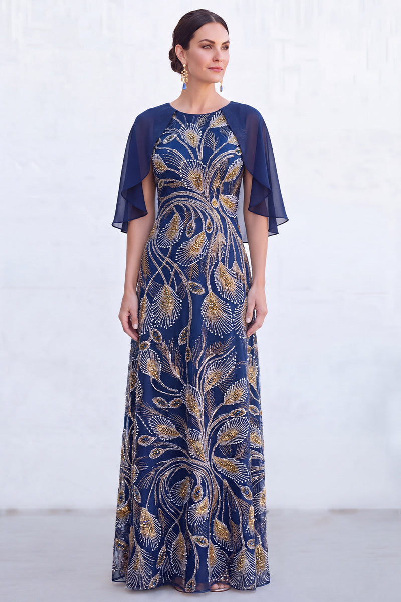 Load image into Gallery viewer, Sparkly Navy Golden Floral Boat Neck Long Mother of the Bride Dress with Cape