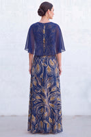 Load image into Gallery viewer, Sparkly Navy Golden Floral Boat Neck Long Mother of the Bride Dress with Cape