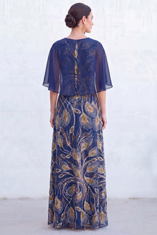 Sparkly Navy Golden Floral Boat Neck Long Mother of the Bride Dress with Cape