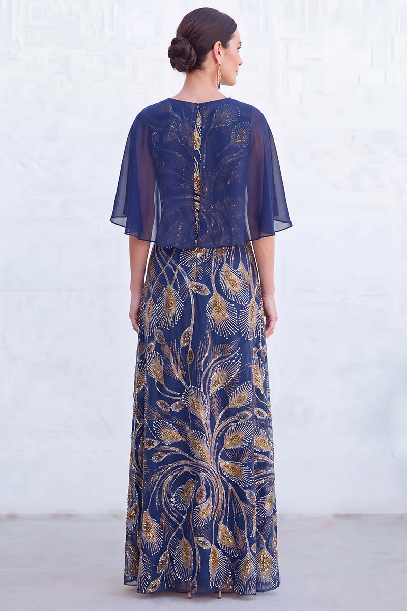 Load image into Gallery viewer, Sparkly Navy Golden Floral Boat Neck Long Mother of the Bride Dress with Cape