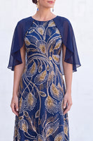 Load image into Gallery viewer, Sparkly Navy Golden Floral Boat Neck Long Mother of the Bride Dress with Cape