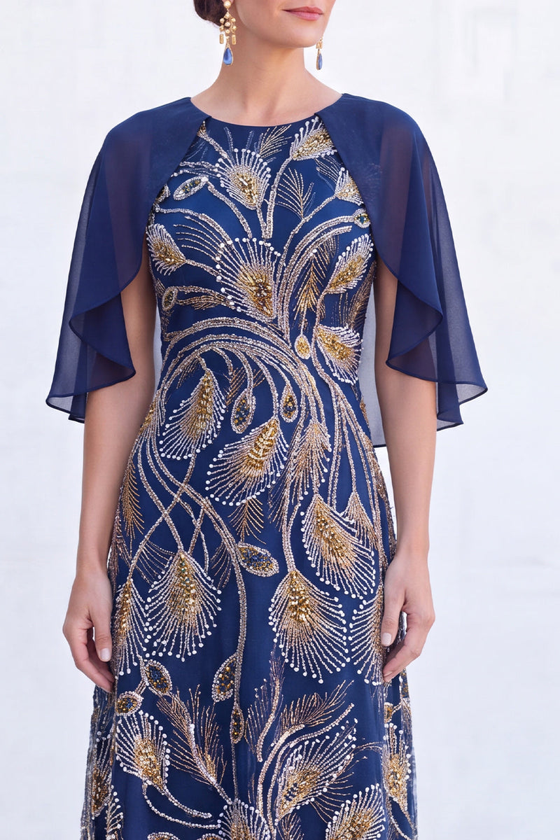 Load image into Gallery viewer, Sparkly Navy Golden Floral Boat Neck Long Mother of the Bride Dress with Cape