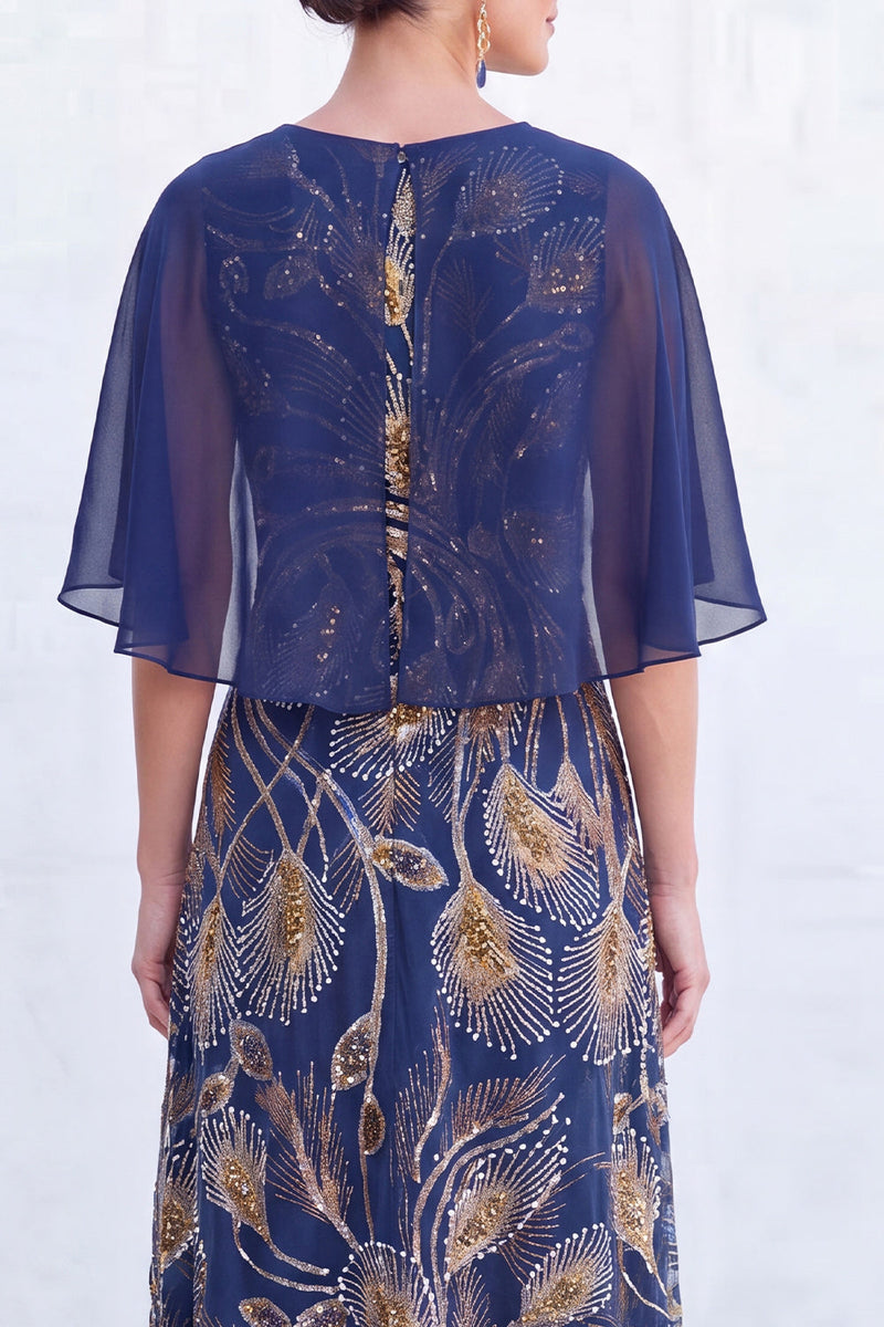 Load image into Gallery viewer, Sparkly Navy Golden Floral Boat Neck Long Mother of the Bride Dress with Cape