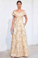 Load image into Gallery viewer, Golden Off The Shoulder Jacquard Long Mother of the Bride Dress with Pockets