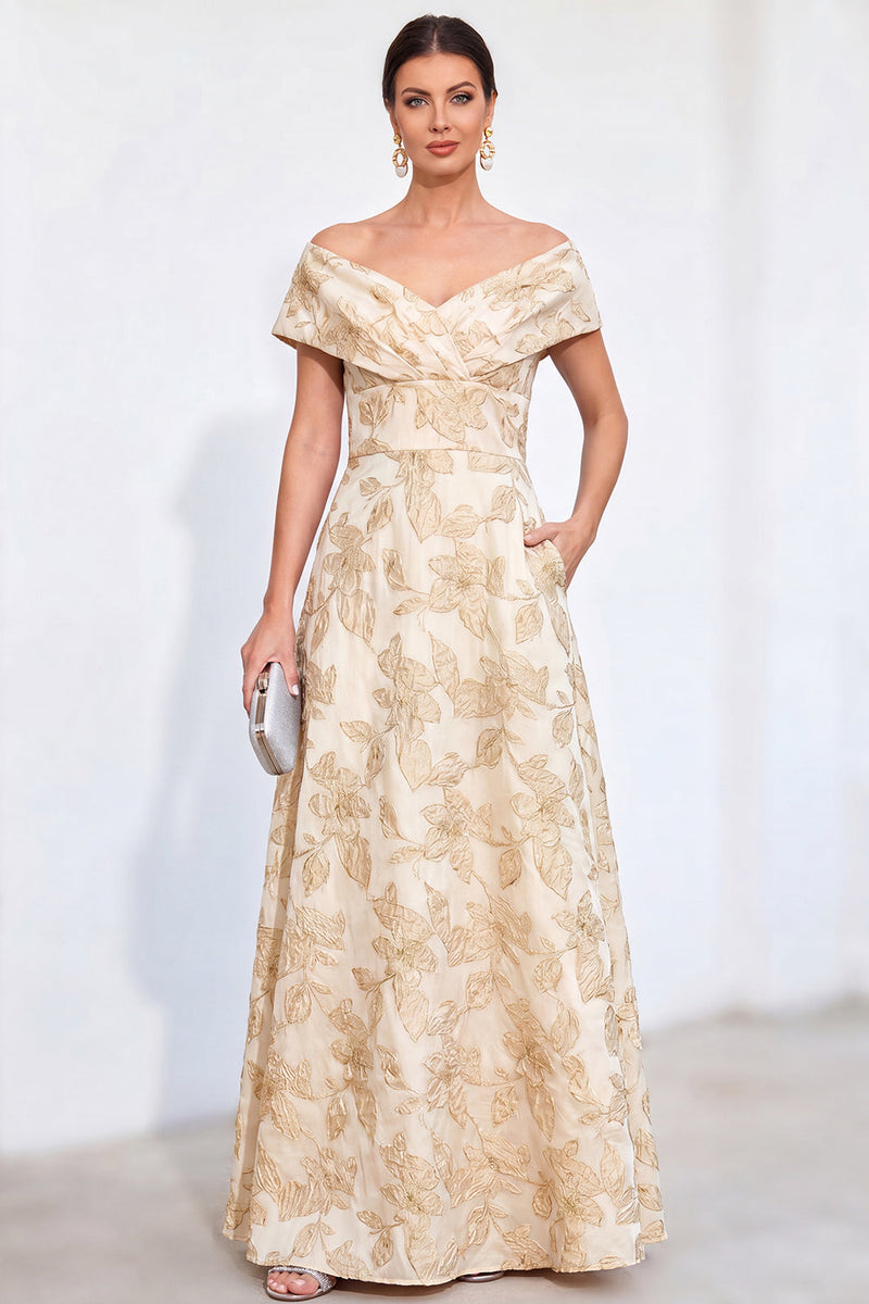 Load image into Gallery viewer, Golden Off The Shoulder Jacquard Long Mother of the Bride Dress with Pockets