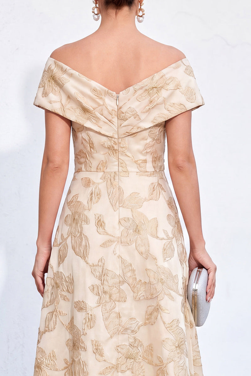 Load image into Gallery viewer, Golden Off The Shoulder Jacquard Long Mother of the Bride Dress with Pockets