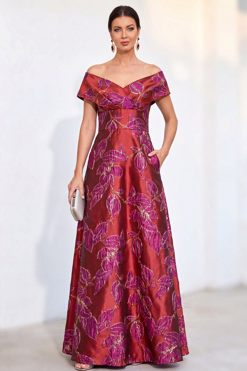 Load image into Gallery viewer, Golden Off The Shoulder Jacquard Long Mother of the Bride Dress with Pockets