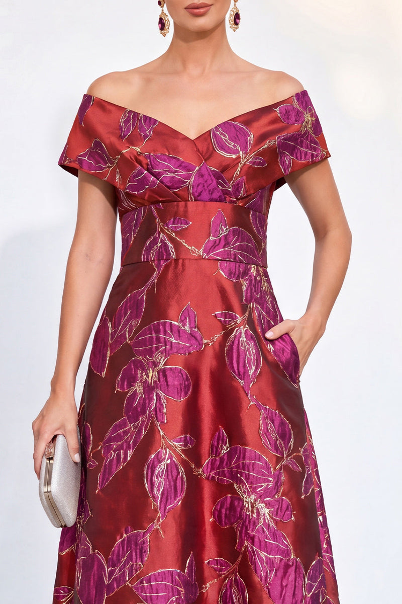 Load image into Gallery viewer, Golden Off The Shoulder Jacquard Long Mother of the Bride Dress with Pockets