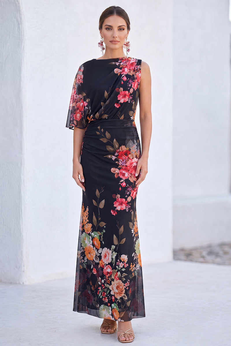 Load image into Gallery viewer, Flower Black Boat Neck Mermaid Long Mother of the Bride Dress with Sleeve