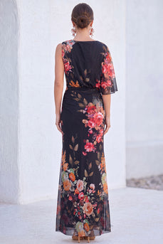 Flower Black Boat Neck Mermaid Long Mother of the Bride Dress with Sleeve