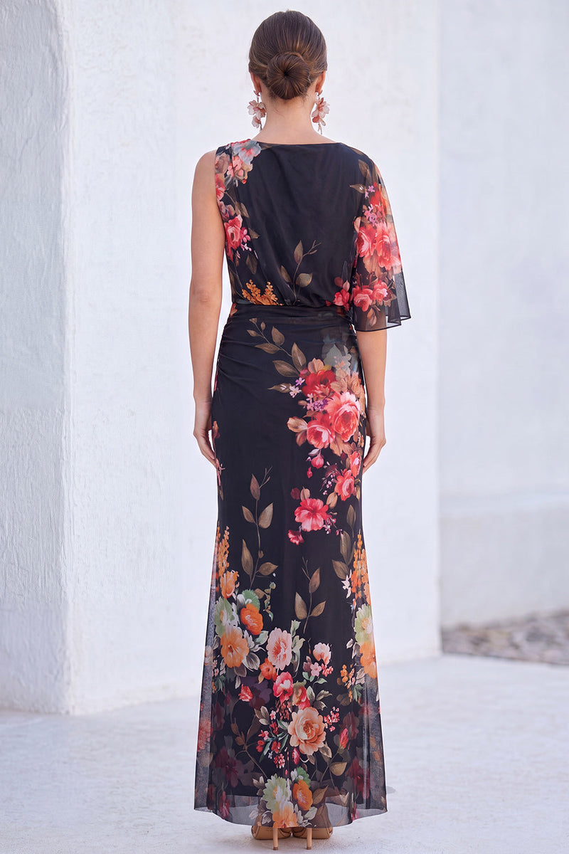Load image into Gallery viewer, Flower Black Boat Neck Mermaid Long Mother of the Bride Dress with Sleeve