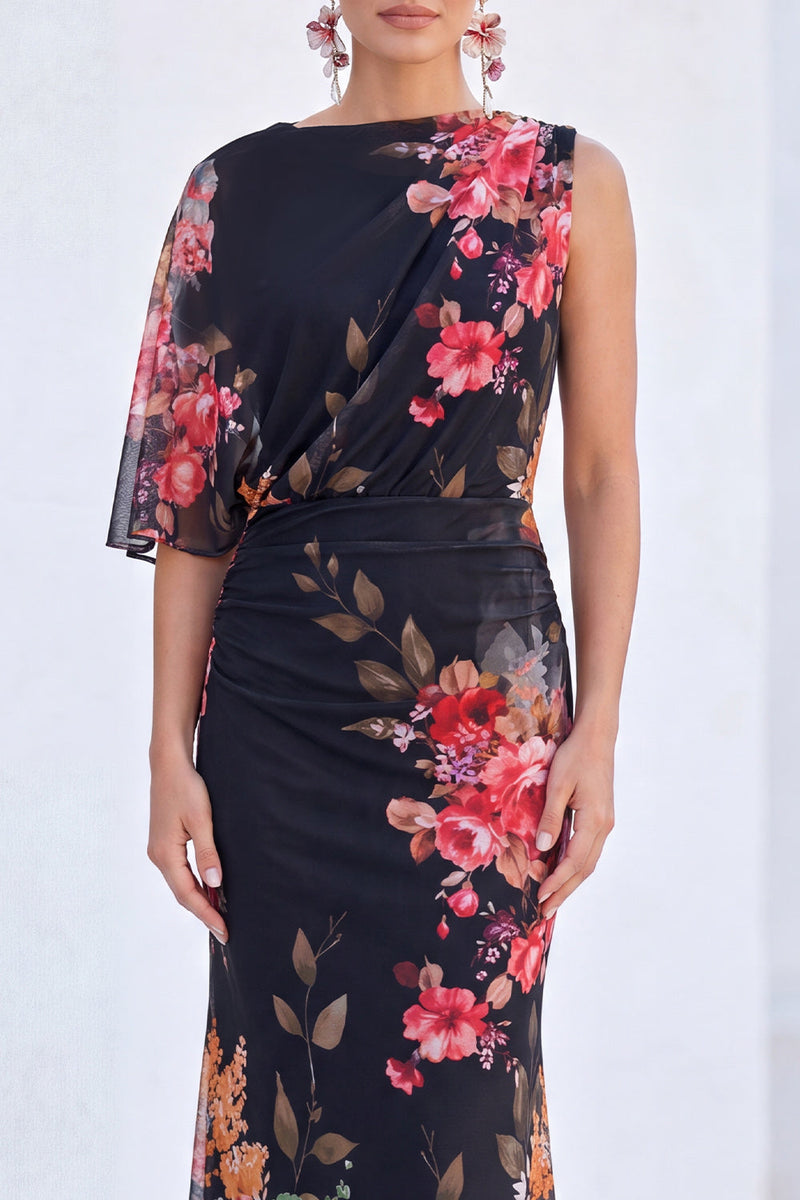Load image into Gallery viewer, Flower Black Boat Neck Mermaid Long Mother of the Bride Dress with Sleeve
