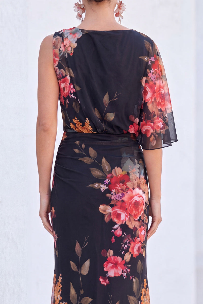 Load image into Gallery viewer, Flower Black Boat Neck Mermaid Long Mother of the Bride Dress with Sleeve