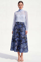 Load image into Gallery viewer, Floral High Neck Blue A Line Long Mother of the Bride Dress with Sleeves