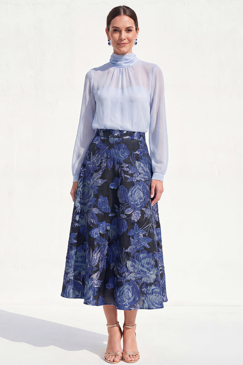 Load image into Gallery viewer, Floral High Neck Blue A Line Long Mother of the Bride Dress with Sleeves