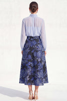 Load image into Gallery viewer, Floral High Neck Blue A Line Long Mother of the Bride Dress with Sleeves