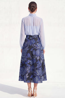 Floral High Neck Blue A Line Long Mother of the Bride Dress with Sleeves