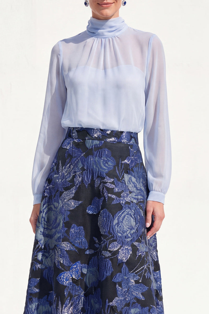 Load image into Gallery viewer, Floral High Neck Blue A Line Long Mother of the Bride Dress with Sleeves