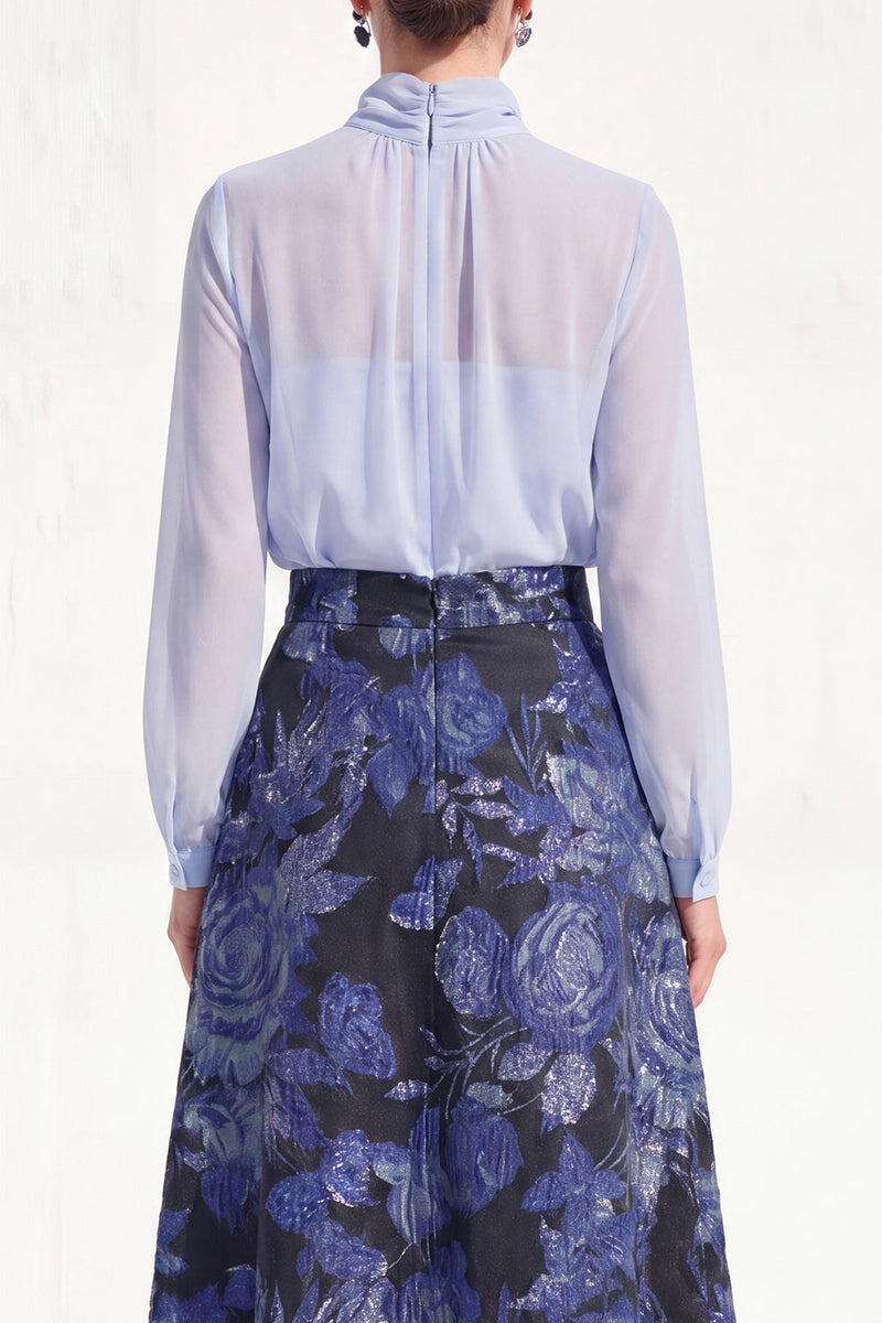 Load image into Gallery viewer, Floral High Neck Blue A Line Long Mother of the Bride Dress with Sleeves