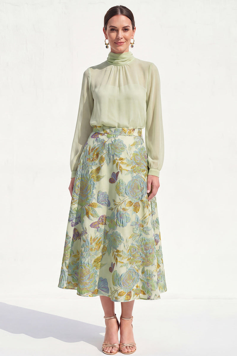 Load image into Gallery viewer, Floral High Neck Blue A Line Long Mother of the Bride Dress with Sleeves
