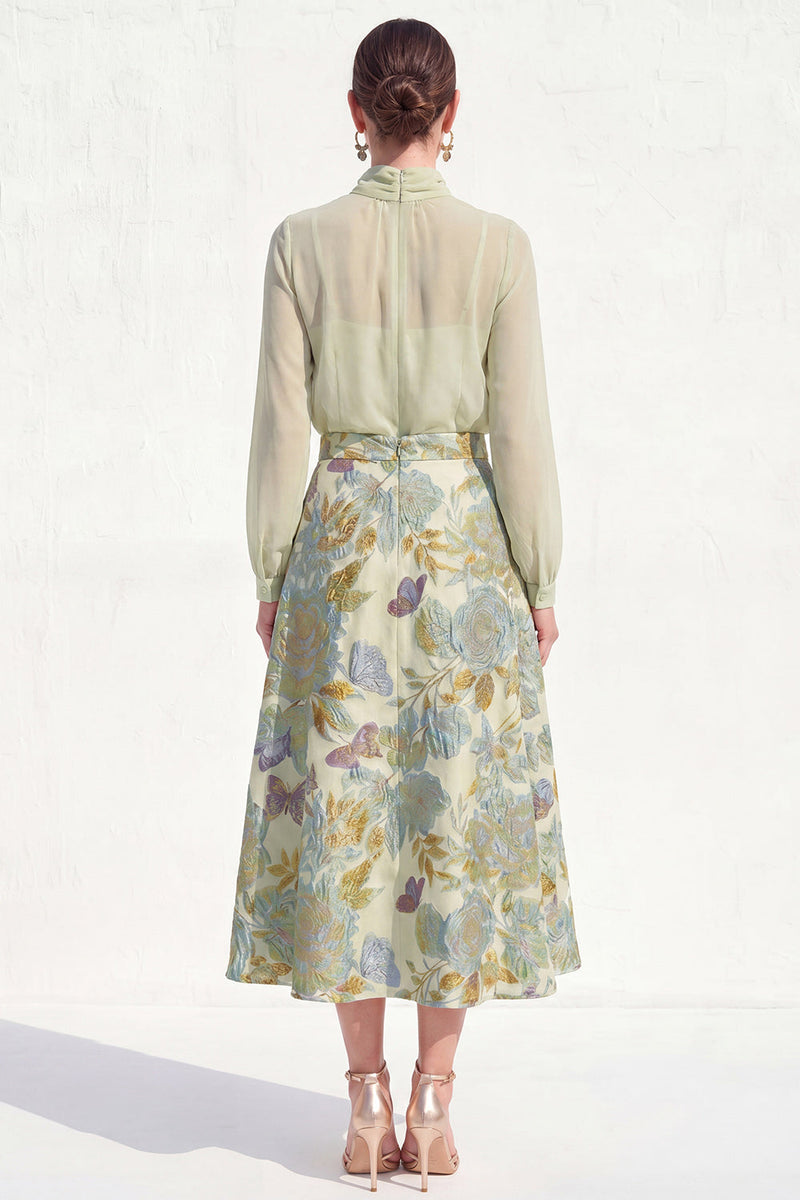 Load image into Gallery viewer, Floral High Neck Blue A Line Long Mother of the Bride Dress with Sleeves