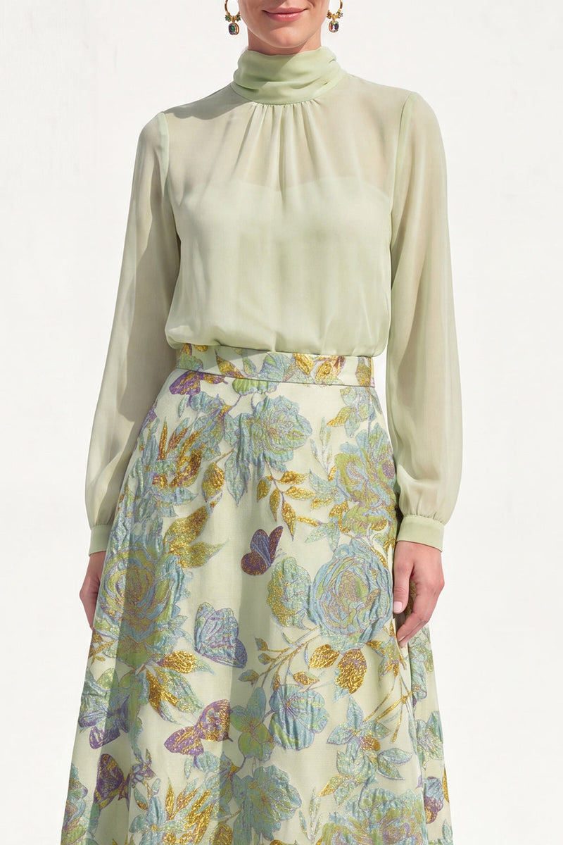 Load image into Gallery viewer, Floral High Neck Blue A Line Long Mother of the Bride Dress with Sleeves
