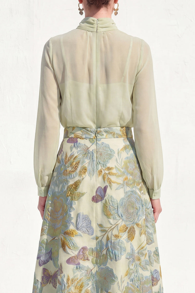 Load image into Gallery viewer, Floral High Neck Blue A Line Long Mother of the Bride Dress with Sleeves