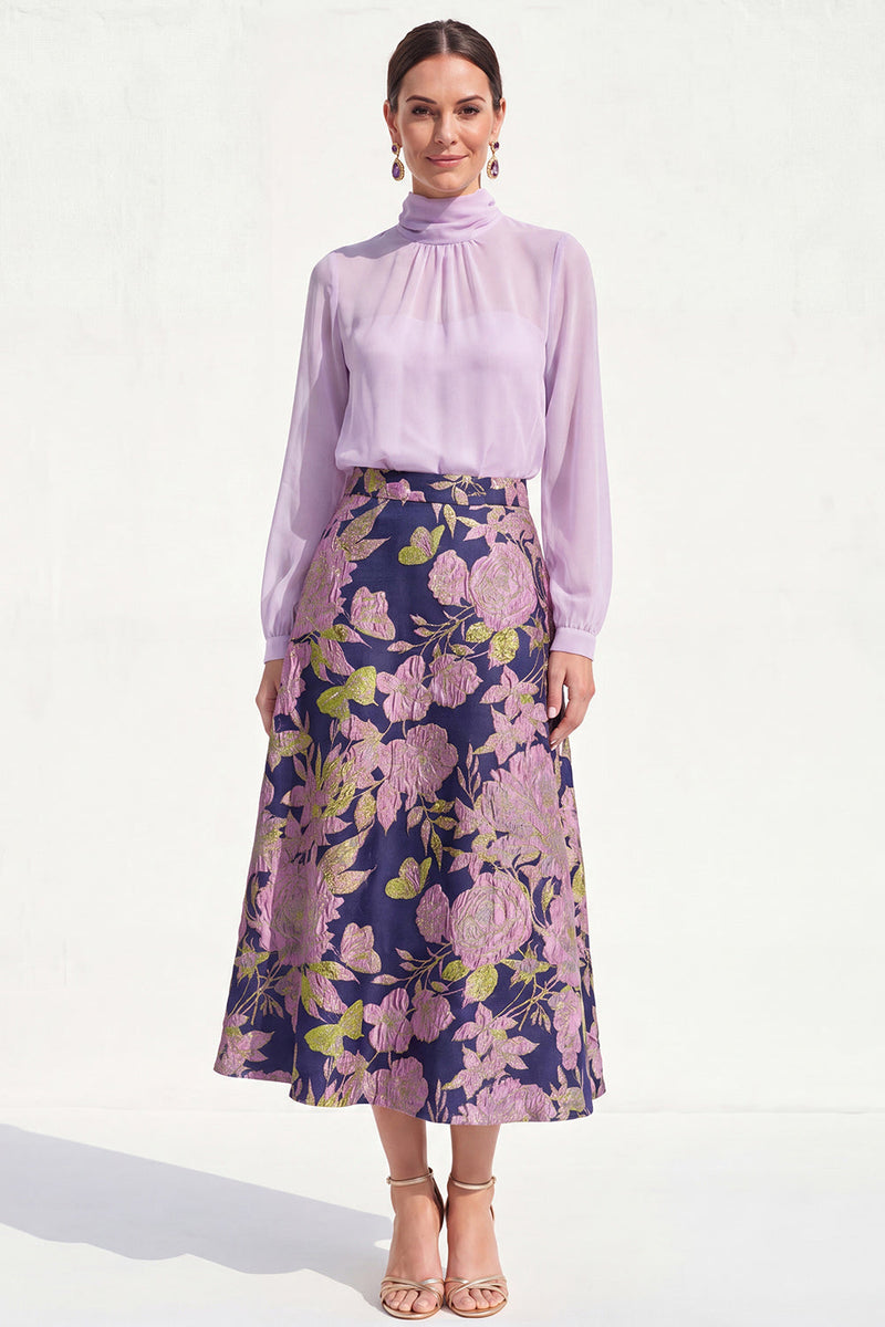Load image into Gallery viewer, Floral High Neck Blue A Line Long Mother of the Bride Dress with Sleeves