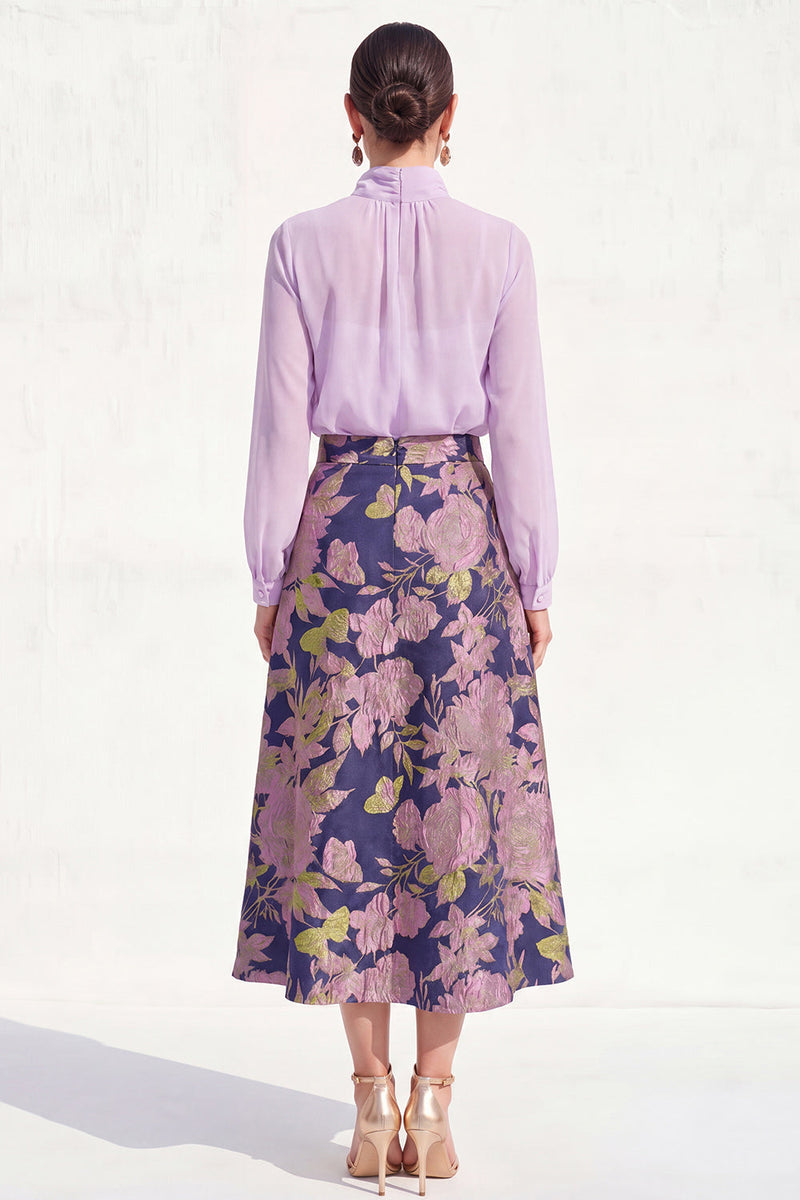 Load image into Gallery viewer, Floral High Neck Blue A Line Long Mother of the Bride Dress with Sleeves