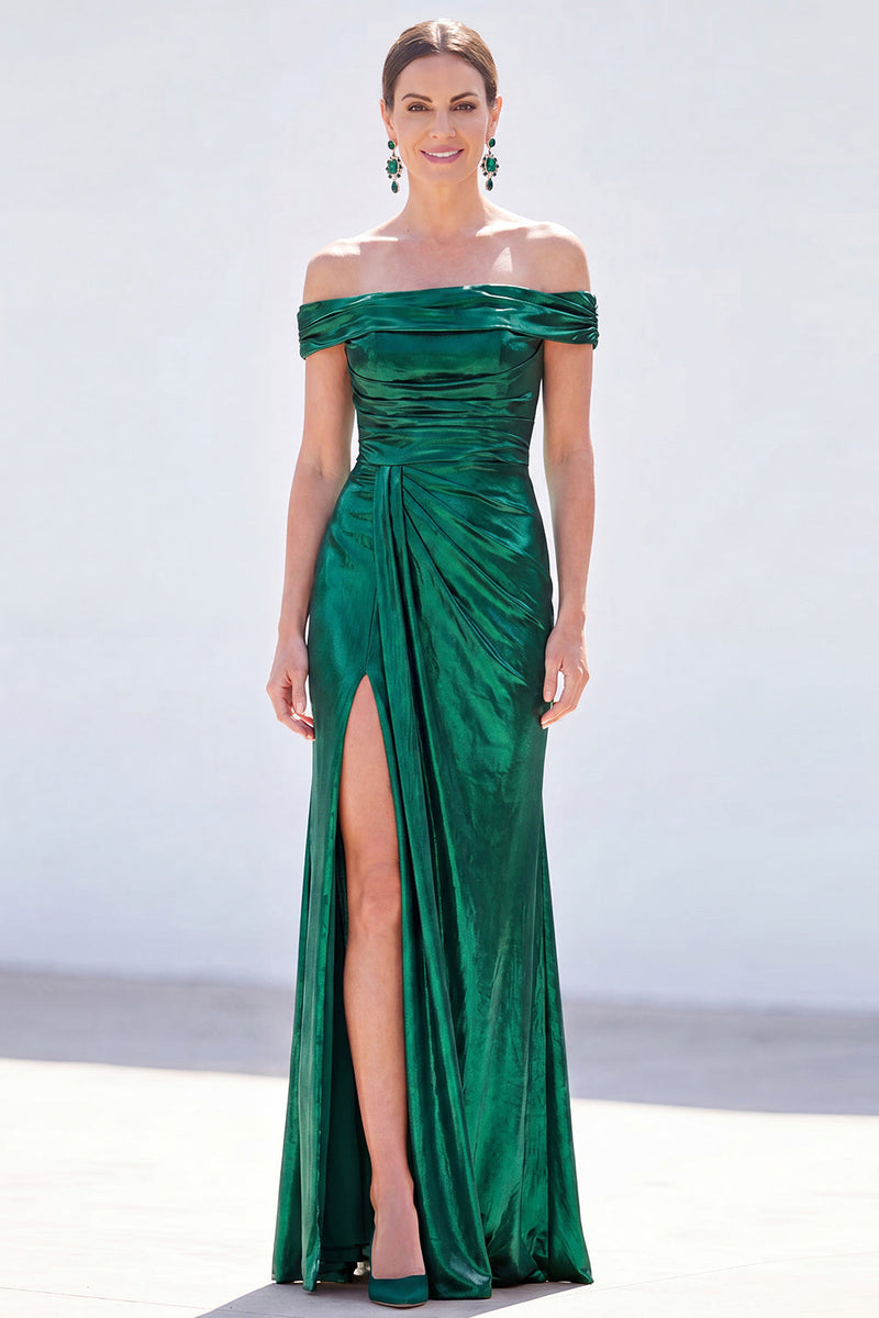 Load image into Gallery viewer, Golden Mermaid Metallic Ruched Long Mother of the Bride Dress with Slit