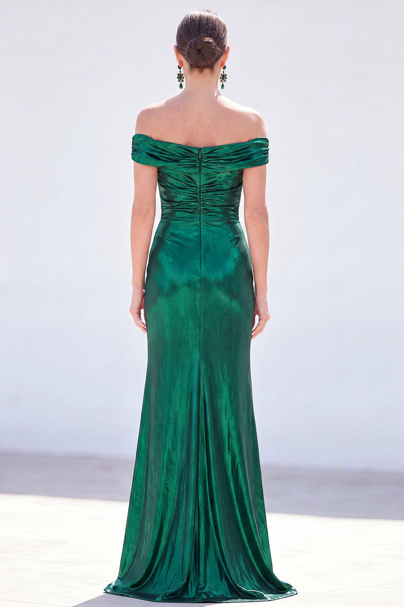 Load image into Gallery viewer, Golden Mermaid Metallic Ruched Long Mother of the Bride Dress with Slit