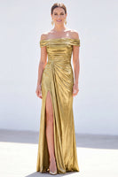 Load image into Gallery viewer, Golden Mermaid Metallic Ruched Long Mother of the Bride Dress with Slit