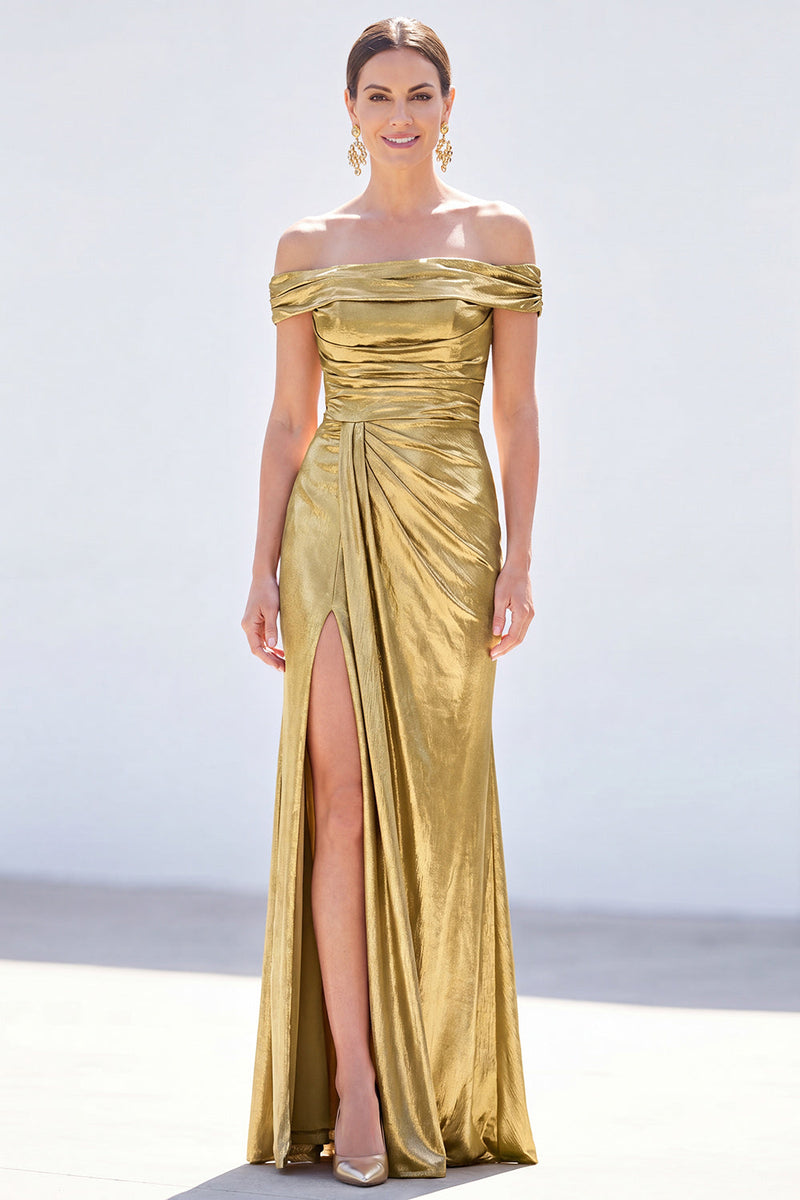Load image into Gallery viewer, Golden Mermaid Metallic Ruched Long Mother of the Bride Dress with Slit