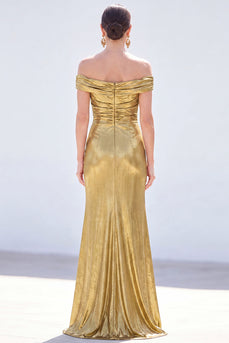 Golden Mermaid Metallic Ruched Long Mother of the Bride Dress with Slit