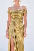 Load image into Gallery viewer, Golden Mermaid Metallic Ruched Long Mother of the Bride Dress with Slit