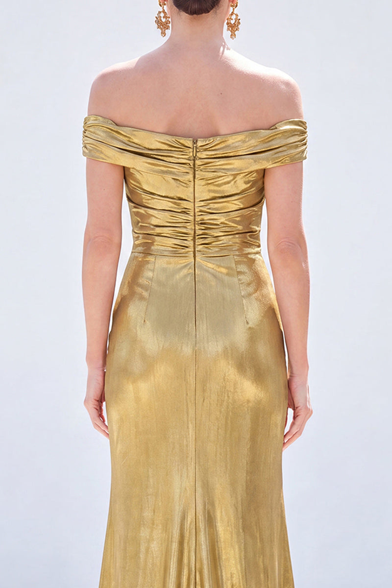 Load image into Gallery viewer, Golden Mermaid Metallic Ruched Long Mother of the Bride Dress with Slit
