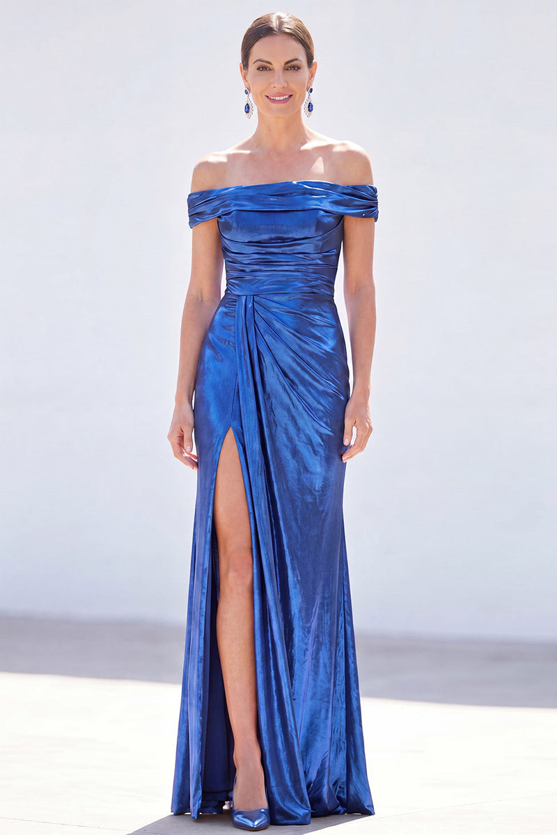 Load image into Gallery viewer, Golden Mermaid Metallic Ruched Long Mother of the Bride Dress with Slit