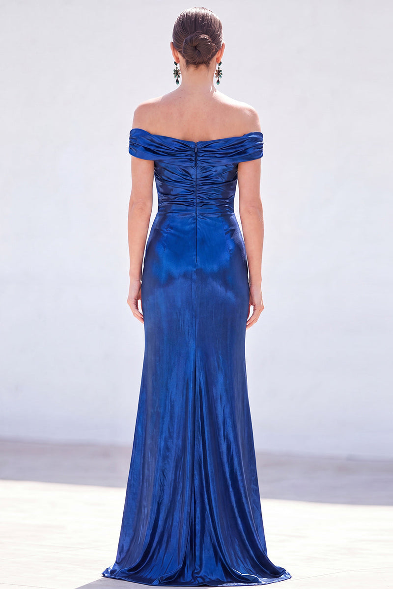 Load image into Gallery viewer, Golden Mermaid Metallic Ruched Long Mother of the Bride Dress with Slit