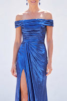 Load image into Gallery viewer, Golden Mermaid Metallic Ruched Long Mother of the Bride Dress with Slit